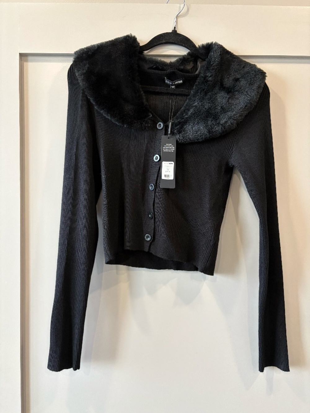 Fashion Nova Black Faux Fur Collar Cardigan Size Medium NWT